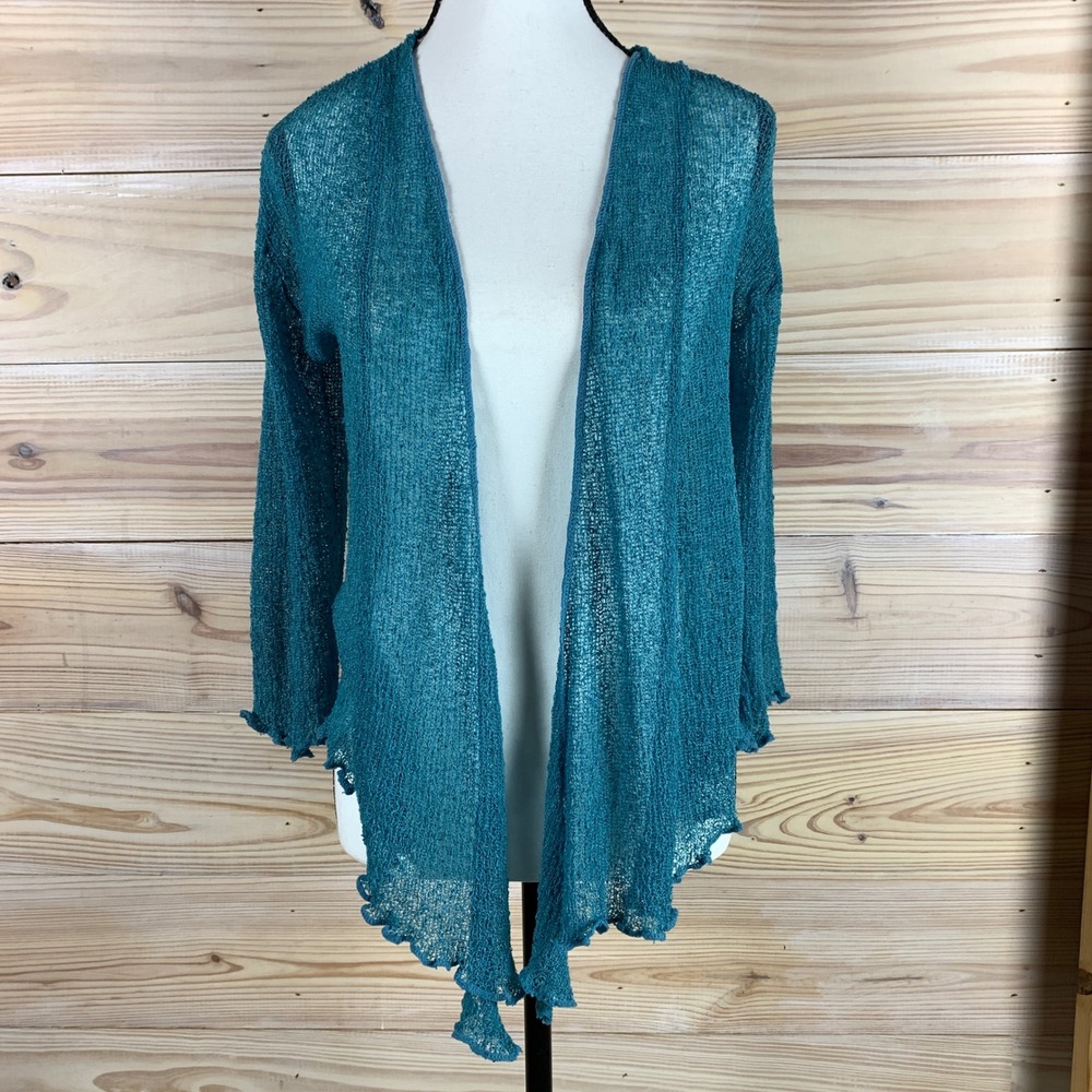 Lost River Clothing Cardigan Womens OS Teal Blue Boho Open Knit Ruffle Hem Rayon